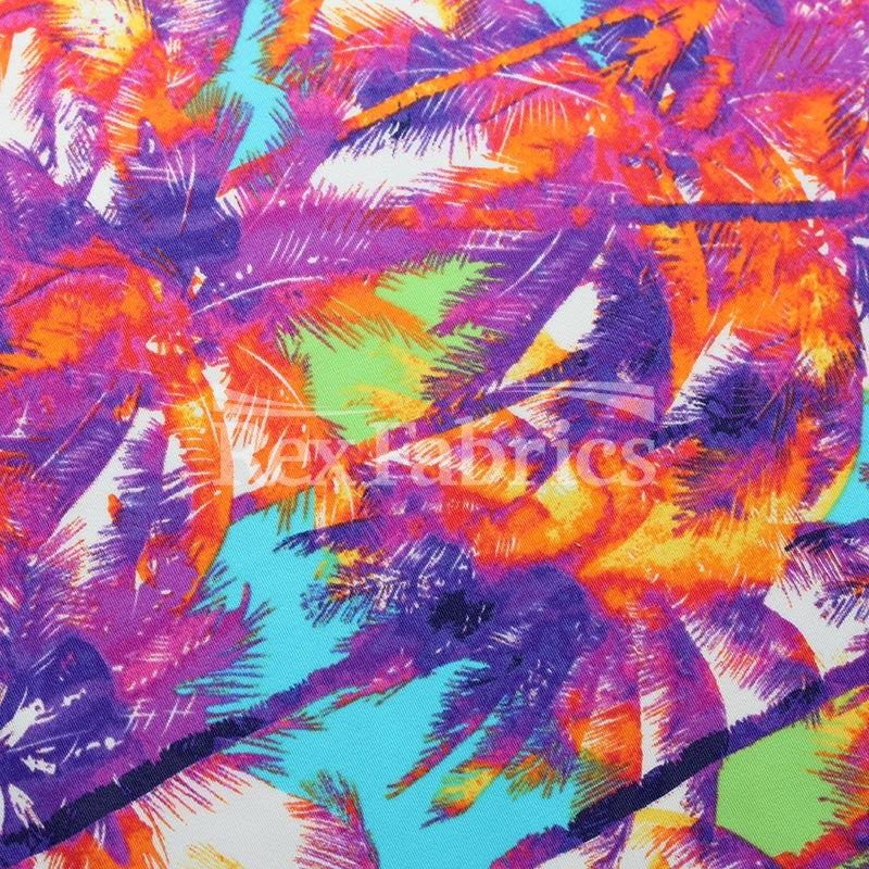 Sunset at the Beach - tropical tree print fabric - stretch - – Rex
